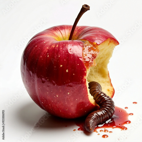 Red apple being eaten by large worm with blood