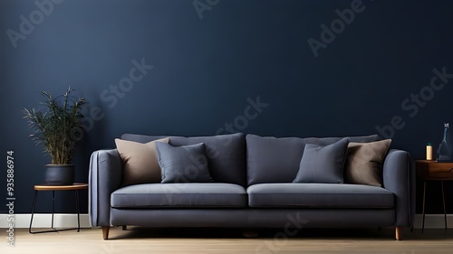 Couch in a comfortable modern living room against a blank, dark blue wall.