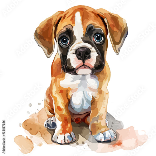 vector illustration of a cartoon boxer dog animation, painted with watercolor, isolated on a white background, boxer dog animation