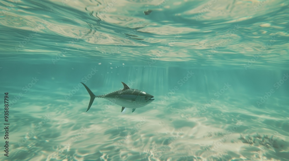 Obraz premium Underwater view of a lone fish swimming gracefully in the clear blue-green water, capturing the serene beauty of marine life.