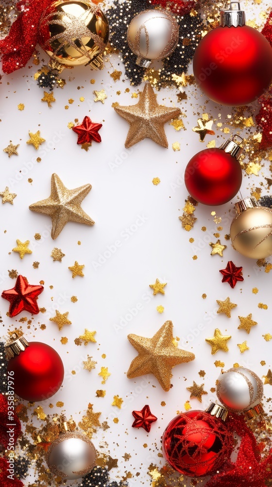 Fototapeta premium Merry Christmas and Happy New Year. Elegant Christmas ornaments background. Ideal for festive holiday cards and decorations.