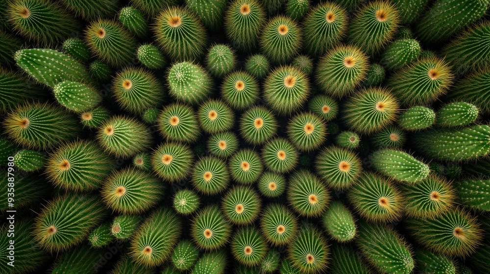 Fototapeta premium A close up of a bunch of green cactus plants. The cactus plants are all different sizes and are arranged in a way that makes them look like they are all connected. The image has a peaceful