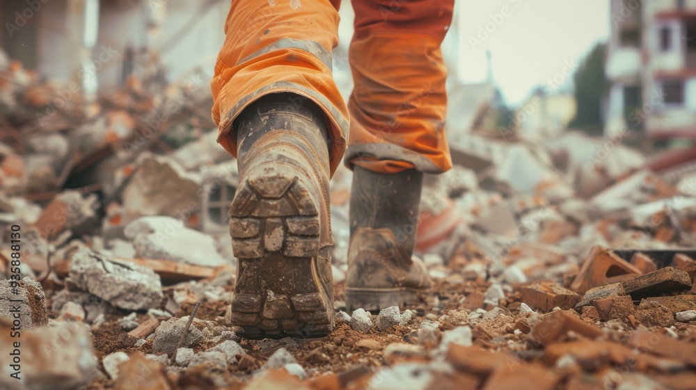 Naklejka premium A person in orange attire walking through a rubble-strewn area, emphasizing the chaos and destruction around them with a focus on their boots.