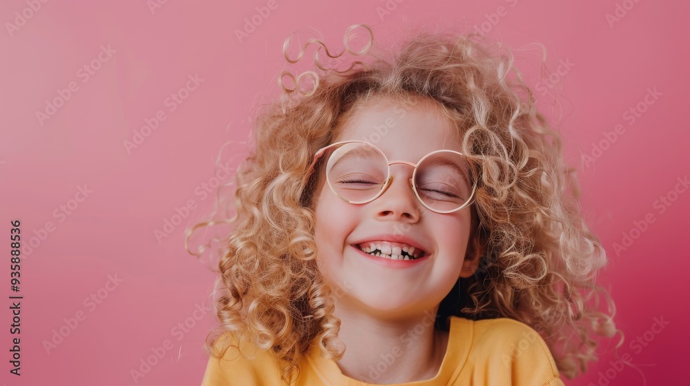 A joyful child with curly hair and glasses smiles brightly against a pink background, capturing youthful exuberance and pure happiness. A joyful child with curly hair and glasses smiles brightly against a pink background, capturing youthful exuberance and pure happiness.