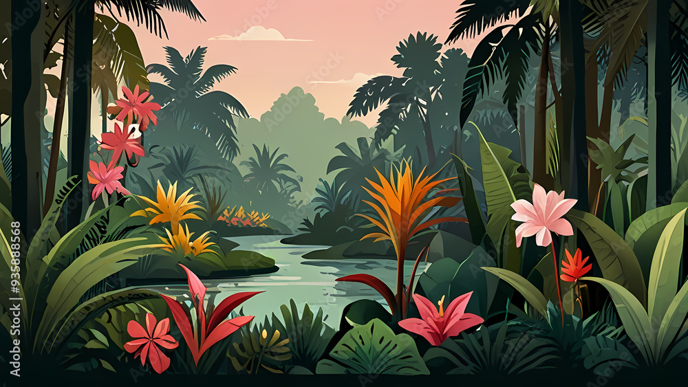flat vector background featuring a lush botanical garden, filled with various tropical plants, large green leaves, and blooming flowers flat vector background featuring a lush botanical garden, filled with various tropical plants, large green leaves, and blooming flowers