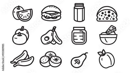 A minimalist vector icon set featuring a plate with portion control, water intake, macronutrients, and dietary supplements