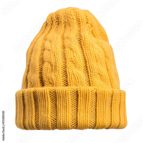 Cozy yellow knitted beanie with a classic cable pattern isolated on a white background.