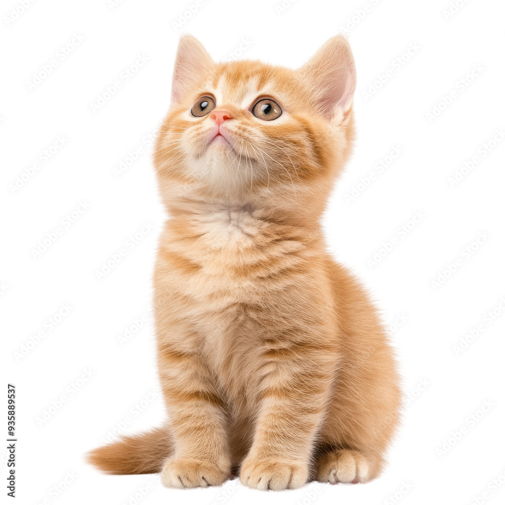 Cute orange kitten looking up with big curious eyes isolated on a white background. Cute orange kitten looking up with big curious eyes isolated on a white background.
