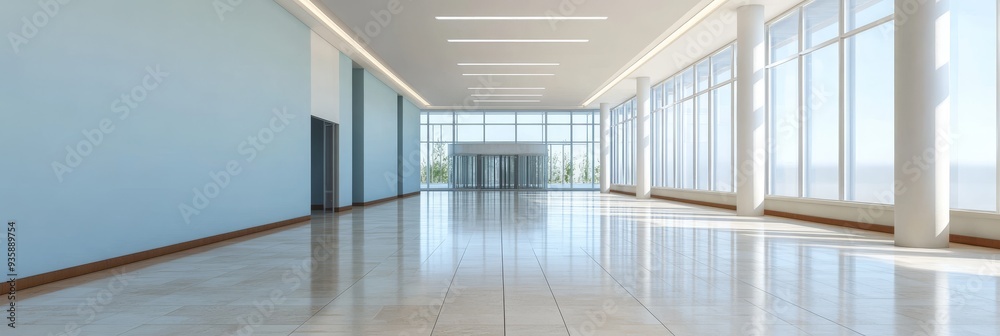 Modern Office Hallway with Glass Windows and Natural Light - A modern office hallway with large windows, showcasing a spacious and bright interior. The polished floors reflect the natural light, crea Modern Office Hallway with Glass Windows and Natural Light - A modern office hallway with large windows, showcasing a spacious and bright interior. The polished floors reflect the natural light, crea