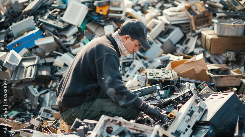 A man in a jacket and cap searches through a large pile of discarded electronics, focused on his task. A man in a jacket and cap searches through a large pile of discarded electronics, focused on his task.