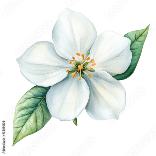 A beautiful white flower with delicate petals and vibrant green leaves, perfect for nature and botanical illustrations.