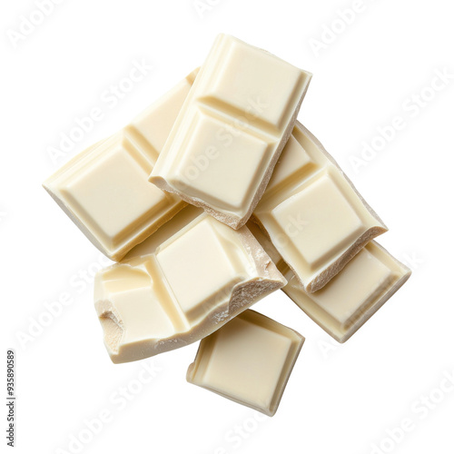 white chocolate pieces arranged artistically isolated on a white background.