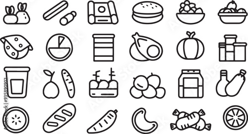 A minimalist vector icon set featuring a plate with portion control, water intake, macronutrients, and dietary supplements