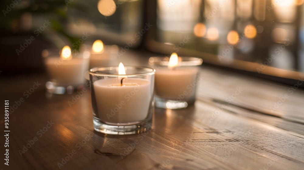 Softly glowing candles are arranged on a wooden table, creating a serene and cozy ambiance with blurred lights in the background. Softly glowing candles are arranged on a wooden table, creating a serene and cozy ambiance with blurred lights in the background.