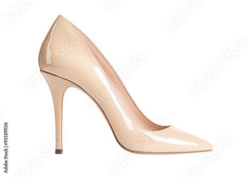 nude patent leather high heel shoe isolated on a white background.