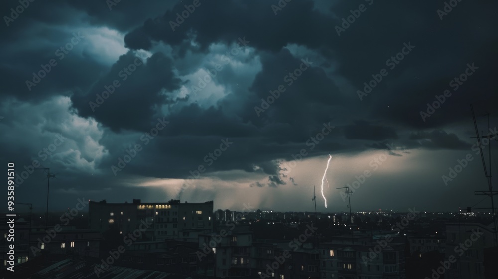 A vivid lightning bolt disrupts the dark, turbulent night sky over a cityscape, casting brief flashes of light on the urban surroundings, encapsulating nature's power. A vivid lightning bolt disrupts the dark, turbulent night sky over a cityscape, casting brief flashes of light on the urban surroundings, encapsulating nature's power.