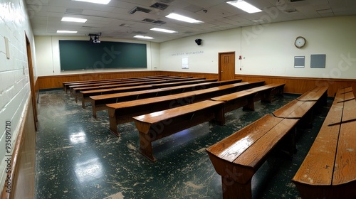 Empty Classroom with Wooden Desks and a Green Chalkboard photo