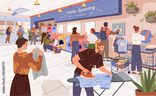 Laundry. Vector illustration. Laundry equipment should be maintained regularly Dry cleaning is specialized laundry service Enjoyable music make laundry more pleasant chore Sorting clothes simplifies