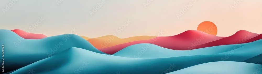 Abstract landscape with vibrant colors of blue and red hills under a serene sky and setting sun, creating a surreal and peaceful atmosphere. Abstract landscape with vibrant colors of blue and red hills under a serene sky and setting sun, creating a surreal and peaceful atmosphere.