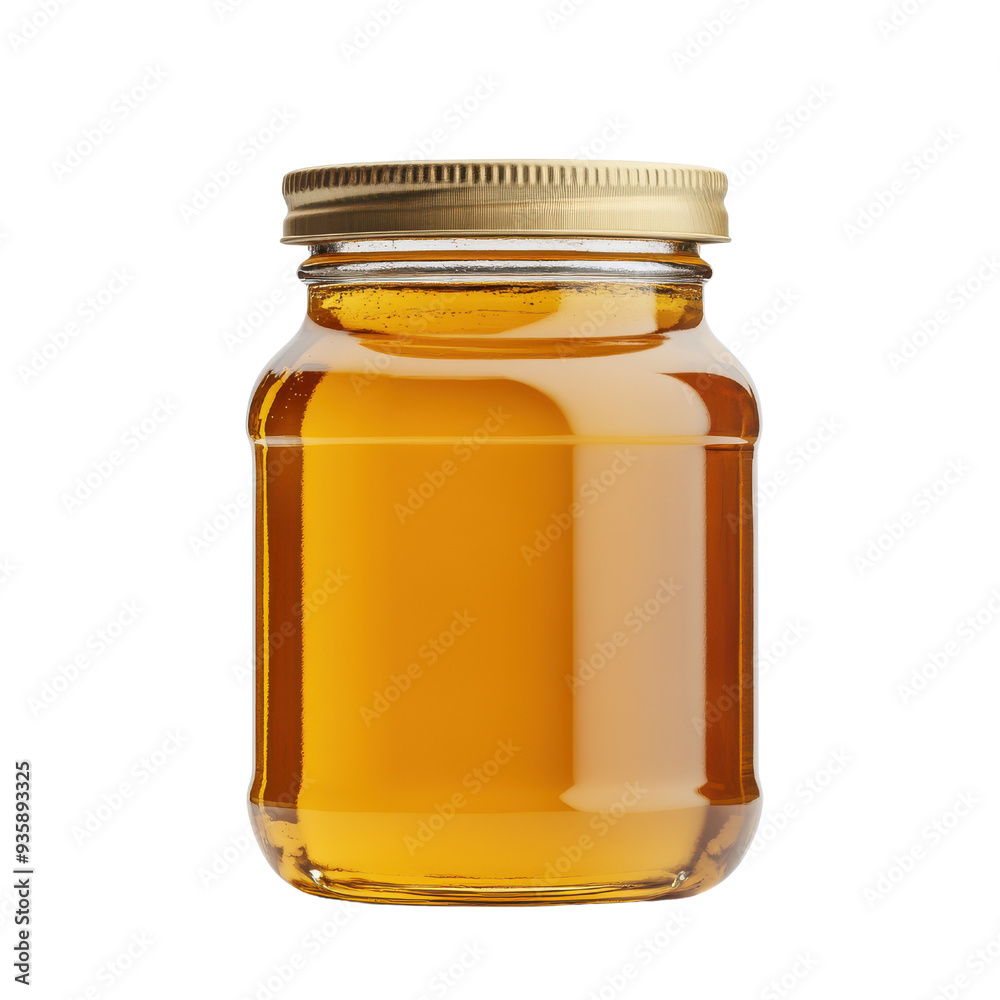 Golden honey in a glass jar with a metal lid isolated on a white background. Golden honey in a glass jar with a metal lid isolated on a white background.