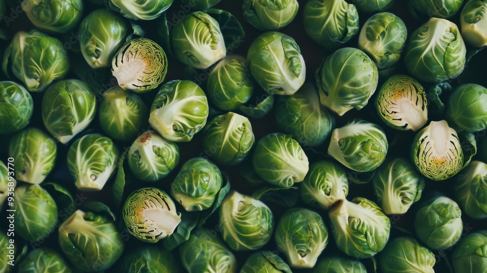 Close-up of Brussels sprouts freshly harvested, showcasing their vibrant green color and tight, crisp leaves. Close-up of Brussels sprouts freshly harvested, showcasing their vibrant green color and tight, crisp leaves.
