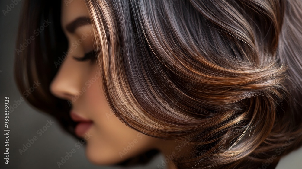 This close-up features beautifully styled hair with rich highlights, emphasizing a woman's serene expression and smooth texture in soft lighting. This close-up features beautifully styled hair with rich highlights, emphasizing a woman's serene expression and smooth texture in soft lighting.
