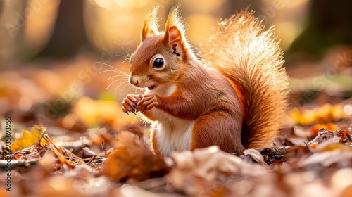 Eurasian red squirrel in autumn forest bathed in warm light. Vivid wildlife scenery. Small animal feeding.