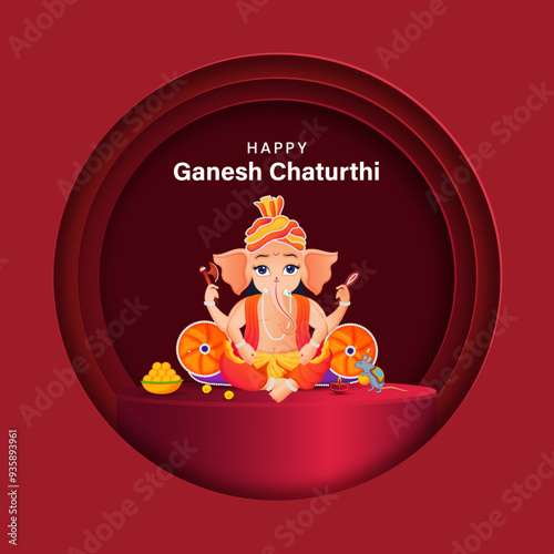 Happy Ganesha Chaturthi Indian festival celebration background with lord ganesha idol vector illustration.
