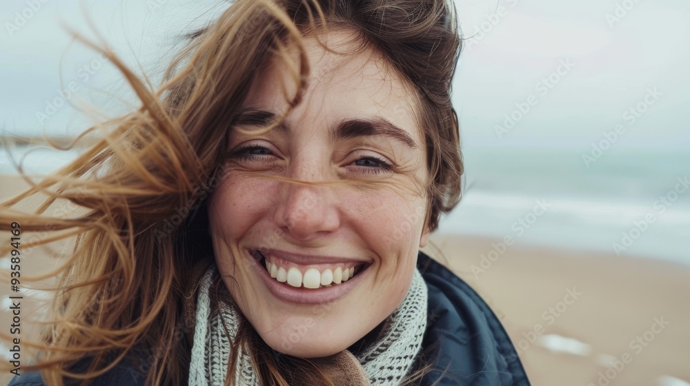 A woman with wind-tossed hair smiles brightly at the camera, showcasing joy and freedom on a breezy day at the beach. A woman with wind-tossed hair smiles brightly at the camera, showcasing joy and freedom on a breezy day at the beach.