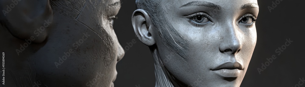 Naklejka premium Close-up digital sculpture of a futuristic androgynous face in gray tones, highlighting intricate details and texture in a dark background.