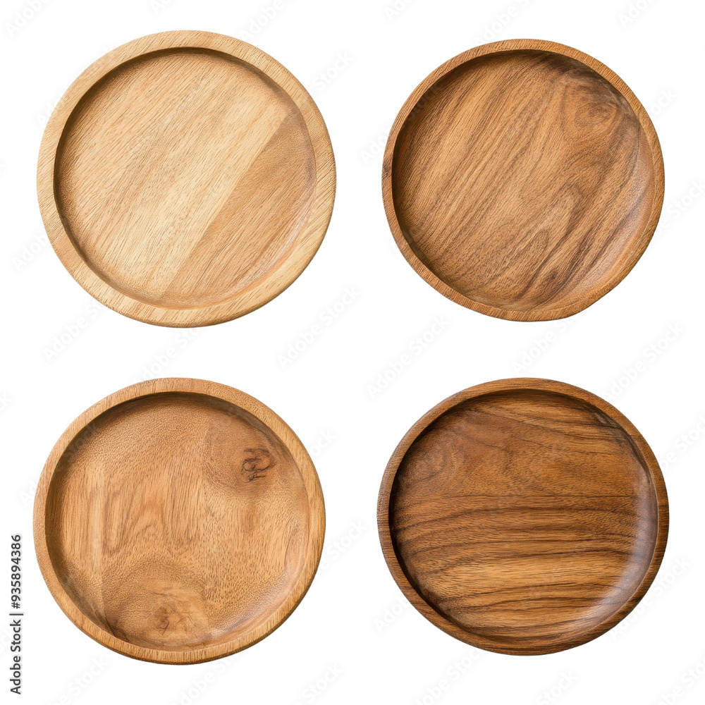 Set of four elegant wooden plates isolated on a white background. Set of four elegant wooden plates isolated on a white background.