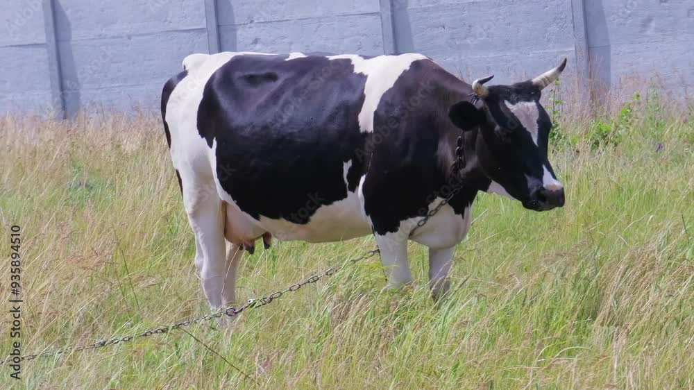 A serene afternoon with a gentle cow grazing in a lush green field near the countryside on a sunny day A serene afternoon with a gentle cow grazing in a lush green field near the countryside on a sunny day