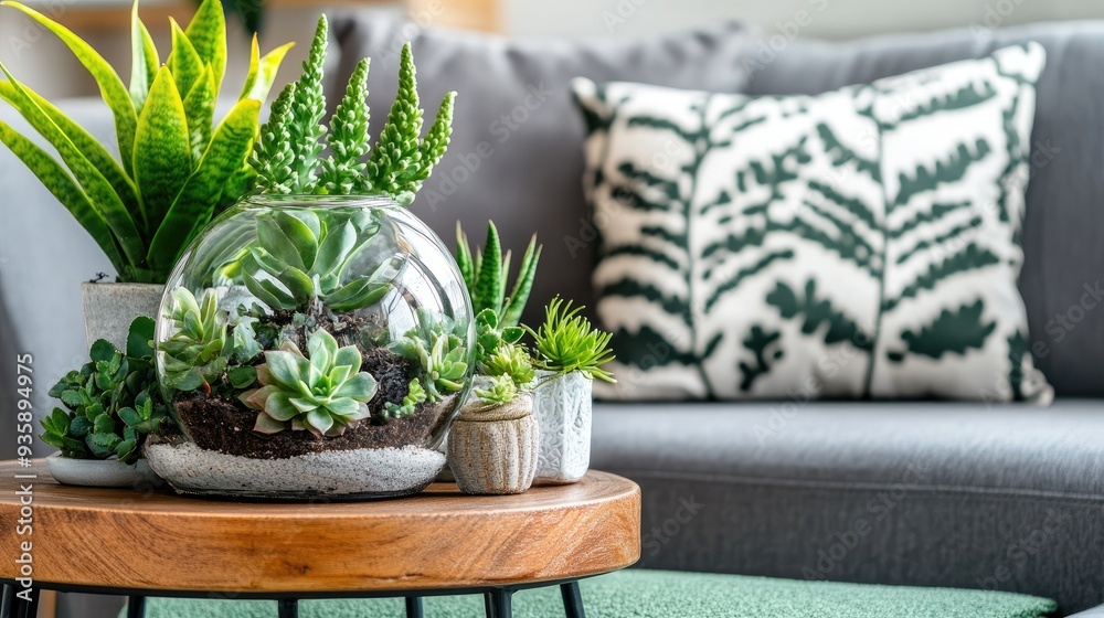 A small wooden side table holds a stunning terrarium of lush succulents in a cozy living room, with a gray sofa set against a light green carpet for a welcoming atmosphere A small wooden side table holds a stunning terrarium of lush succulents in a cozy living room, with a gray sofa set against a light green carpet for a welcoming atmosphere