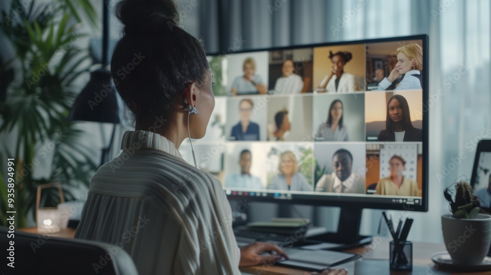 A woman participates in a dynamic virtual meeting, her eyes fixed on the computer screen displaying various participants in a video conference. A woman participates in a dynamic virtual meeting, her eyes fixed on the computer screen displaying various participants in a video conference.