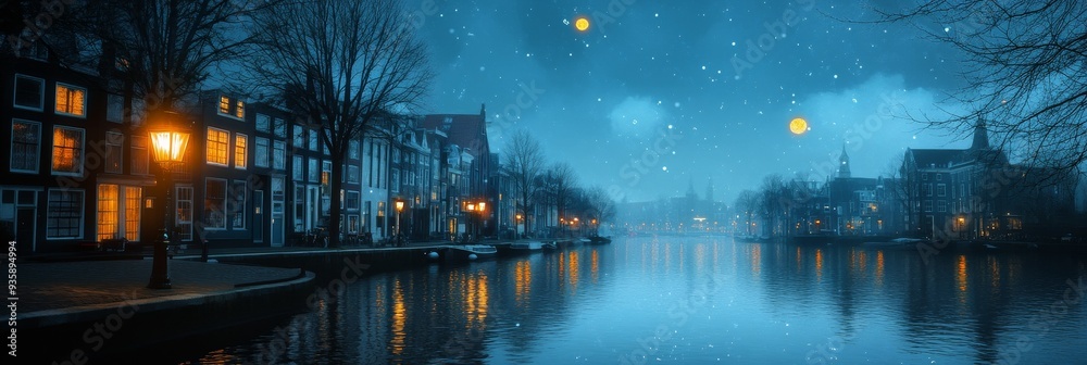 Romantic Nighttime Canal Scene in European City - A picturesque canal scene with charming buildings, a lone streetlamp, and a starry night sky, reflecting the beauty of European cityscapes under the m Romantic Nighttime Canal Scene in European City - A picturesque canal scene with charming buildings, a lone streetlamp, and a starry night sky, reflecting the beauty of European cityscapes under the m