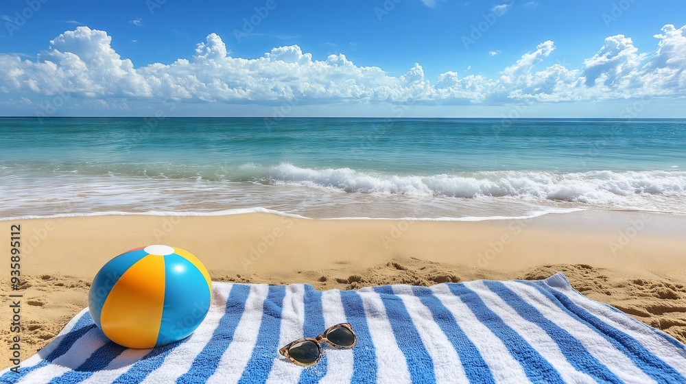 Obraz premium A beach scene with a striped towel, waves, and sunglasses captures a perfect summer day.