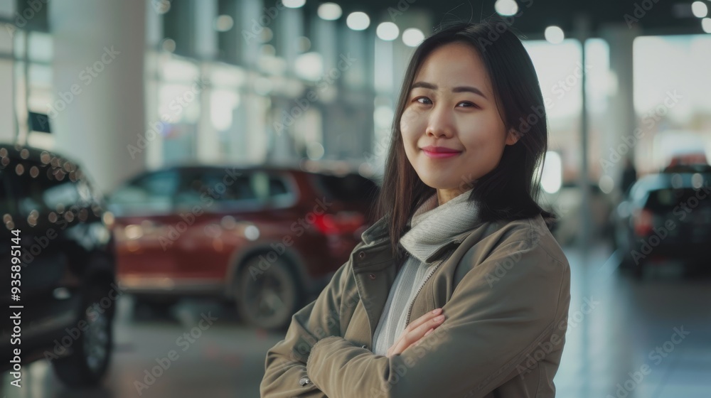 A confident woman stands with crossed arms in a stylish car dealership, ready to assist customers with their automotive needs. A confident woman stands with crossed arms in a stylish car dealership, ready to assist customers with their automotive needs.