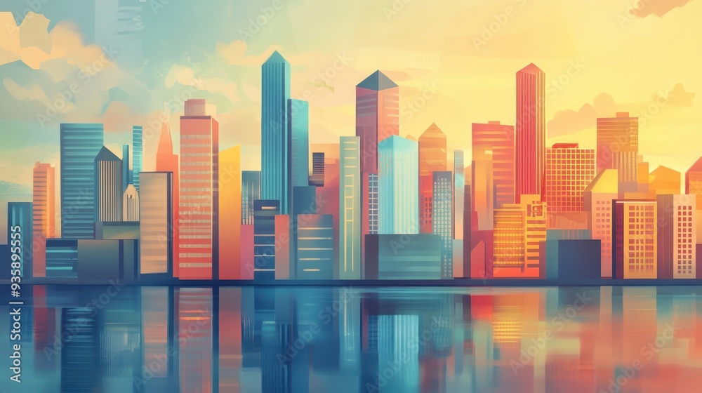 Colorful modern city skyline illustration with tall buildings reflecting on water during sunset, showcasing urban architecture and vibrant hues. Colorful modern city skyline illustration with tall buildings reflecting on water during sunset, showcasing urban architecture and vibrant hues.