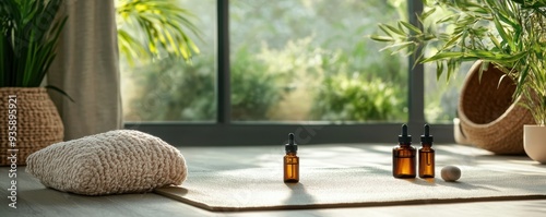 Cozy relaxation corner with essential oils and cushion, surrounded by lush green plants and natural light.