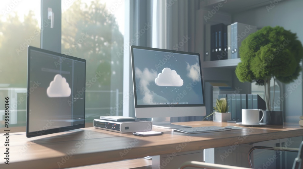 A serene, modern home office with large windows allowing natural light to flood in, showcasing dual computer monitors with a digital cloud image displayed. A serene, modern home office with large windows allowing natural light to flood in, showcasing dual computer monitors with a digital cloud image displayed.