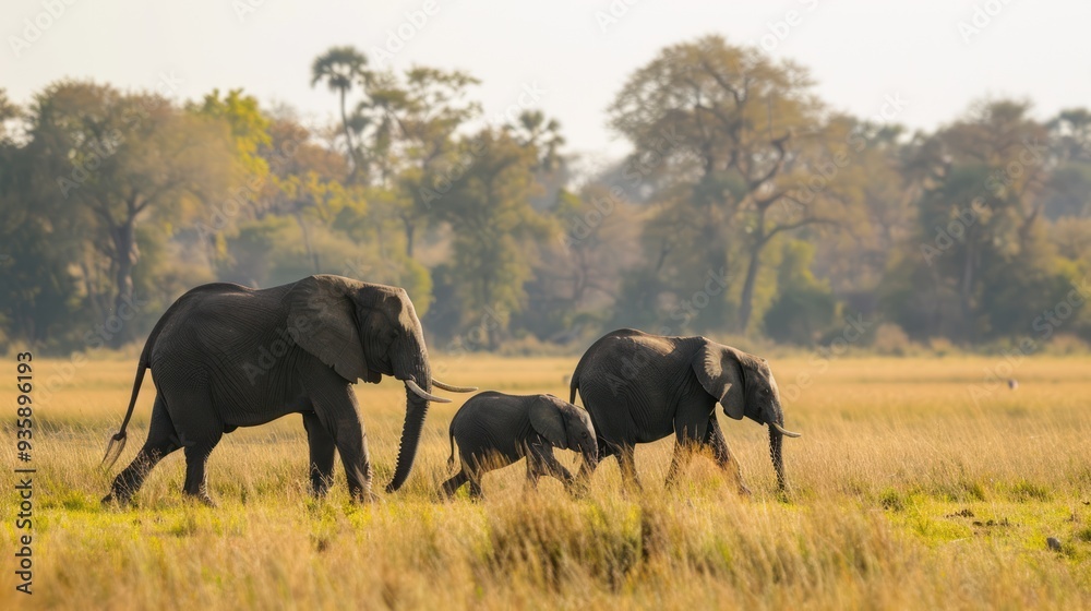 Elephant Family Walking Through Grassland Elephant Family Walking Through Grassland