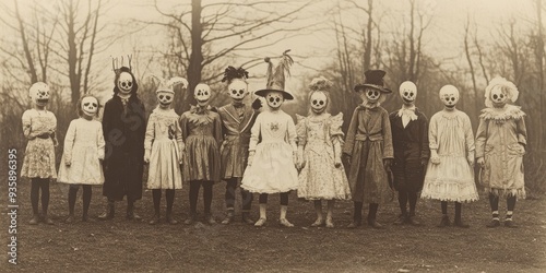 Children in vintage dresses and eerie skull masks standing in foggy forest. Evoke an eerie, old-fashioned Halloween atmosphere