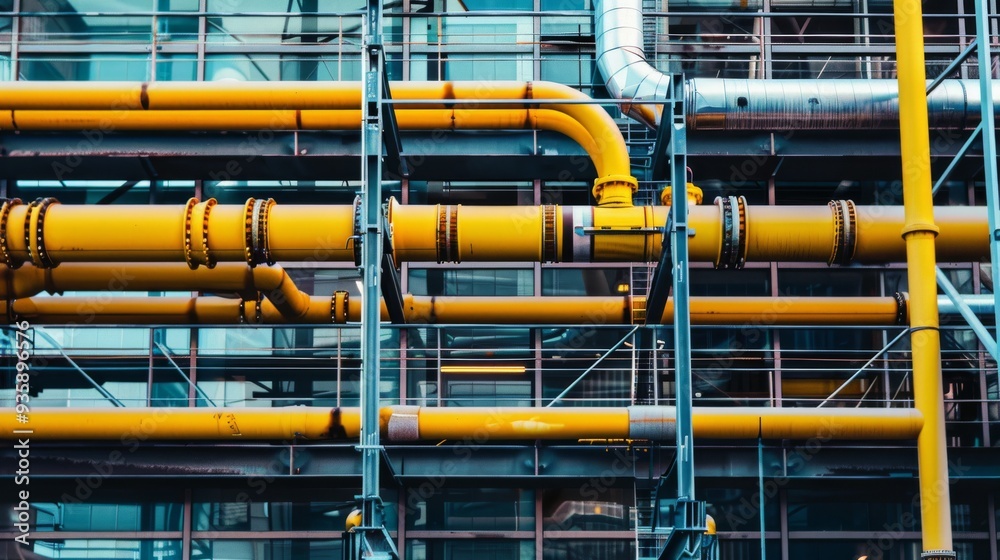 Complex network of bright yellow industrial pipes against a building, showcasing urban infrastructure and industrial design. Complex network of bright yellow industrial pipes against a building, showcasing urban infrastructure and industrial design.