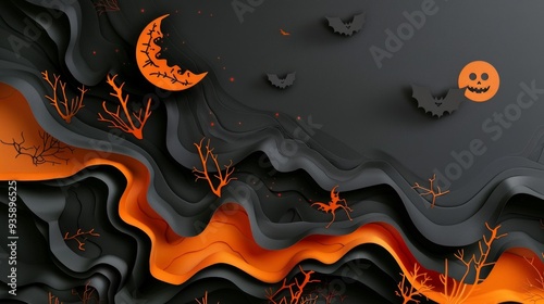 Spooky Halloween banner featuring orange and black elements with bats, a moon, and a skull design for festive decorations