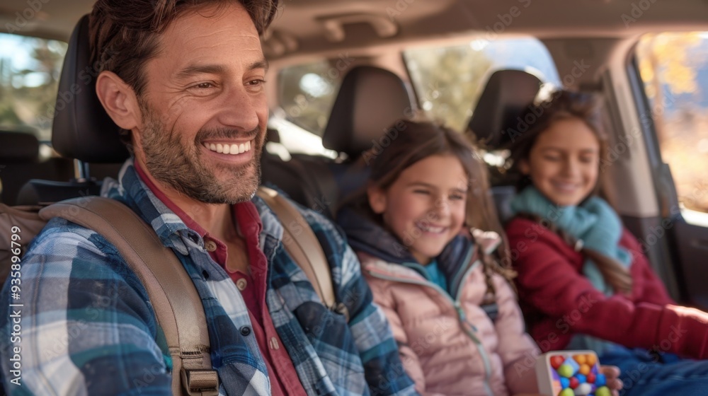 Family Road Trip: The car is packed with luggage and snacks; kids play games in the backseat while parents enjoy the scenic drive along a winding road.
