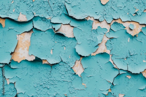 Weathered Wall with Peeling Blue Paint and Rough Texture, Copy Space photo