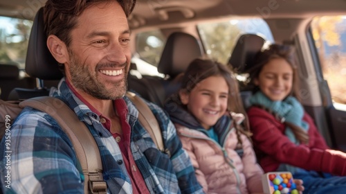 Family Road Trip: The car is packed with luggage and snacks; kids play games in the backseat while parents enjoy the scenic drive along a winding road. 