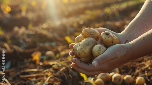 Hands holding freshly harvested potatoes in a sunlit field, capturing the simple yet rewarding act of harvesting. photo