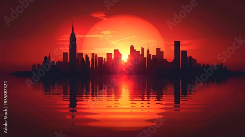 Cityscape Silhouette Reflected in Red Water at Sunset