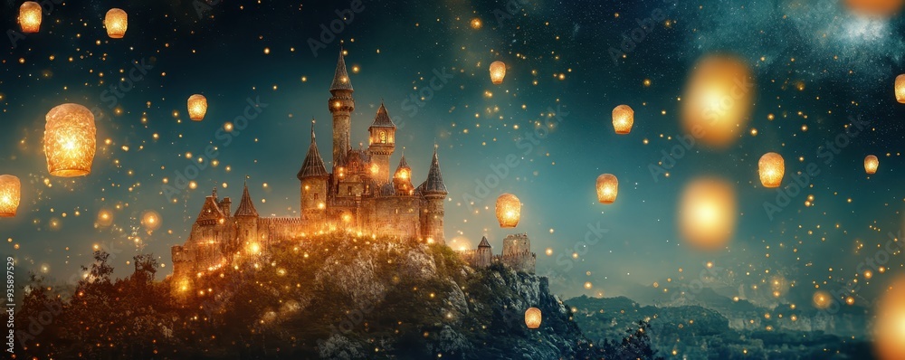 Enchanting night scene of a castle on a hill, illuminated by floating lanterns under a starry sky, creating a magical atmosphere. Enchanting night scene of a castle on a hill, illuminated by floating lanterns under a starry sky, creating a magical atmosphere.